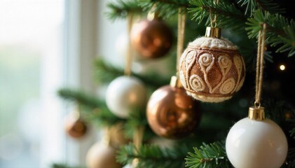 Close up view of a Christmas tree adorned with handcrafted nativity ornaments, highlighting intricate details. Extreme close up shot of a Christmas tree branch laden with meticulously handcrafted