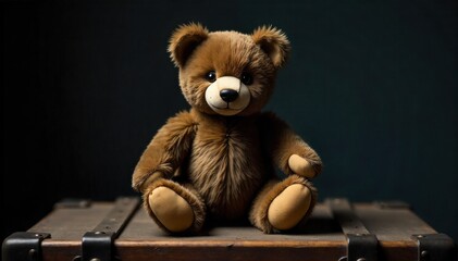 Mummy s favorite toy, a vintage teddy bear with worn fur, placed on a dusty attic trunk. A vintage teddy bear with worn, matted fur and a single button eye, placed on a dusty, weathered wooden trunk