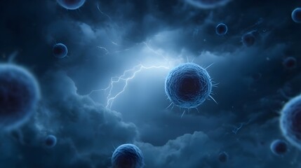 Futuristic pathogen with genetic strands and electron micrograph bathed in moonlight with lightning in the distance