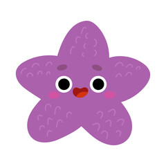 Kawaii purple starfish character isolated on white background. Cute sea animal for marine-themed projects. Flat vector illustration