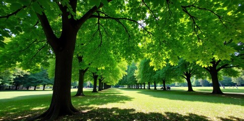 Lush urban oasis with vibrant green leaves and dappled sunlight filtering through the canopy. A vibrant, sun dappled park scene. Towering trees with dense, emerald green leaves form a natural canopy.