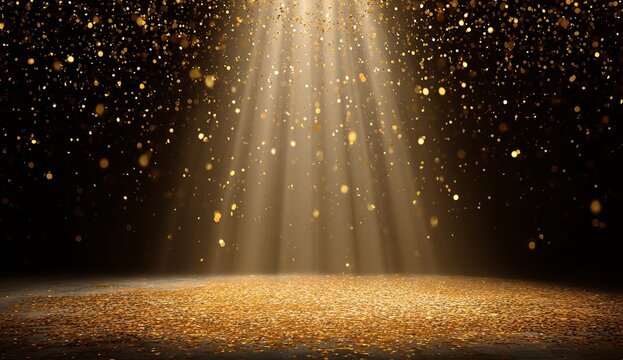 Gold confetti falling on dark stage with light beams