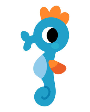 Cute blue seahorse illustration isolated on white background. Kawaii sea animal character for marine-themed projects. Flat vector illustration