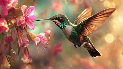 Fototapeta premium Colorful hummingbird hovering near blooming flower for nectar digital art