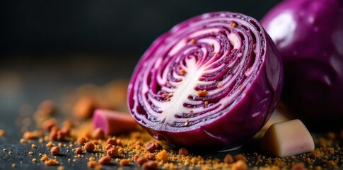 Cabbage Alchemy Macro photography of cabbage ingredients in various stages of gourmet preparation, emphasizing textures. Macro shot of thinly sliced and julienned red cabbage, glistening with oil and