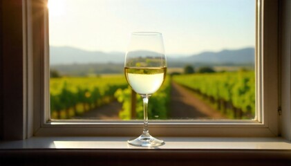Golden hour sunlight illuminating a partially filled glass of white wine on a windowsill, with blurred vineyard landscape beyond. A partially filled crystal glass of pale white wine, illuminated by
