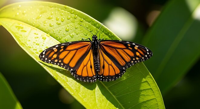 A monarch butterfly resting on a green leaf with water droplets in a close up nature photography shot