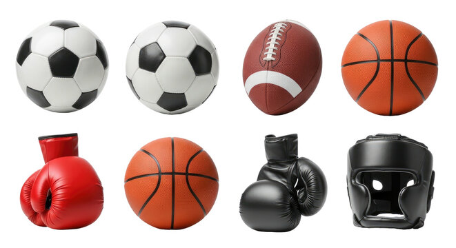 Collection of sports equipment soccer ball, football, basketball, gloves, helmet