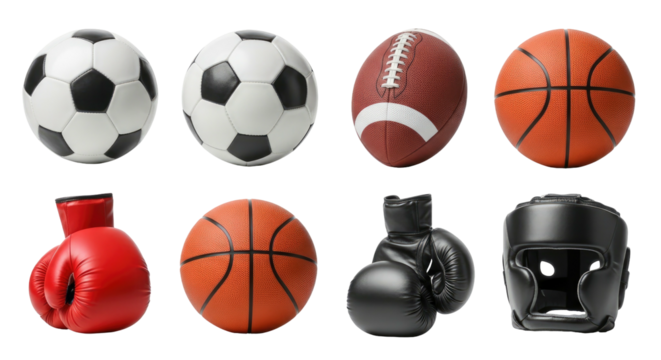 Collection of sports equipment soccer ball, football, basketball, gloves, helmet