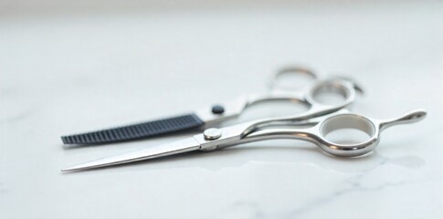 Professional Hairdresser Scissors and Comb on a Clean, Minimalist Salon Counter High angle, close up shot of a pair of clean, sharp silver professional hairdressing scissors and a black comb resting