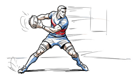 Dynamic sketchy style illustration of a muscular rugby player in mid-action, powerfully throwing a pass with intense focus, capturing the raw energy and athleticism of the sport in a unique artistic