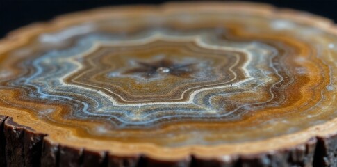 Sunlit Petrified Wood Texture A tight macro shot focusing on the intricate, swirling patterns and textures of a piece of petrified wood. Warm, golden sunlight illuminates the surface, highlighting the