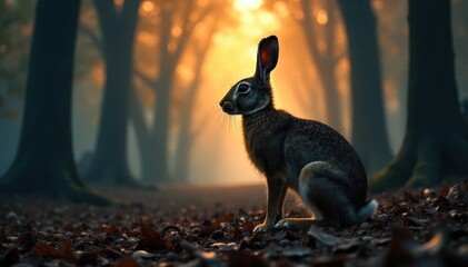 Silhouette of a hare at twilight, misty forest edge, moonlit clearing, mystical atmosphere, ethereal nature scene. The stark silhouette of a hare standing at the edge of a dense forest. Twilight has