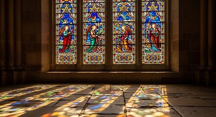 Stained glass window with angels casting colorful light patterns on the stone floor in a church interior