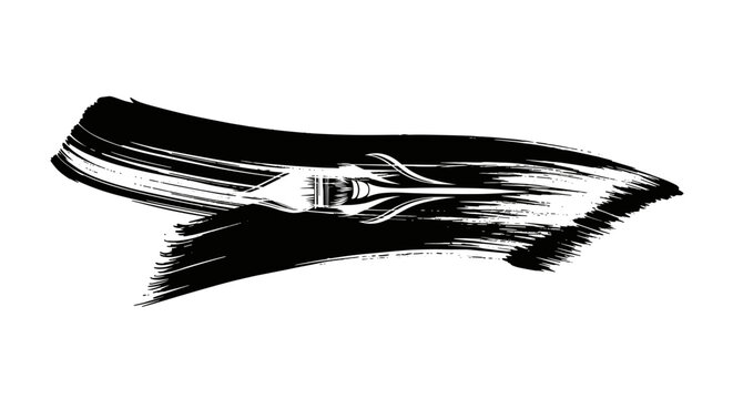 Bold black ink brush stroke with a stylized paintbrush design, creating an abstract background banner template on a clean white surface, perfect for artistic and creative projects.