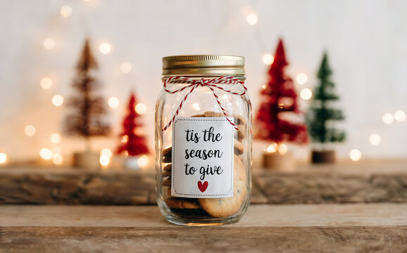 A rustic christmas scene featuring a mason jar filled with cookies and a handwritten tag that says tis the season to give, set against a warm, bokehlit background christmas