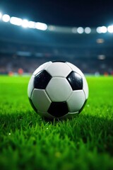 Outdoor soccer ball game elements, focusing on motion and field details without any human presence. A close up, dynamic shot of a classic black and white soccer ball lying on vibrant, dew kissed green