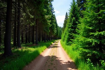 Trekking Trail Through Mountain Forest An empty, winding, rocky trail disappearing into a dense forest of tall evergreen trees. Sunlight filters through the canopy, creating dappled light patterns on