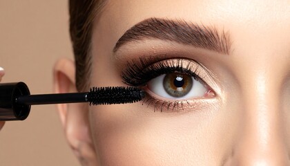 Close-up of a person applying makeup to an eye, showcasing a dark mascara wand being used on long eyelashes