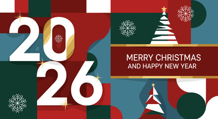Modern geometric Merry Christmas and Happy New Year greeting card design featuring the year 2026 in bold white numerals with golden accents, complemented by stylized Christmas trees, snowflakes, and