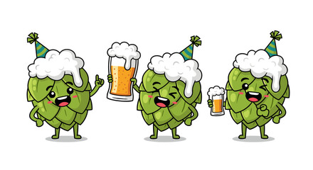 Three cheerful cartoon hops characters wearing party hats and holding glasses of beer, celebrating with frothy mugs and joyful expressions, perfect for beverage advertising, brewery branding, or