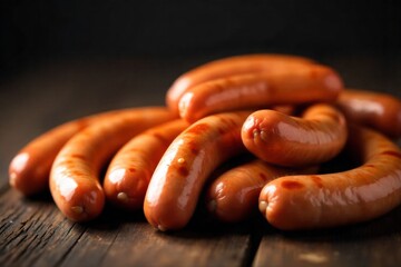 Rustic Breakfast Sausage Platter with Fresh Herbs and Grains Overhead shot of plump, golden brown breakfast sausages artfully arranged on a rustic wooden platter. Fresh rosemary sprigs are scattered