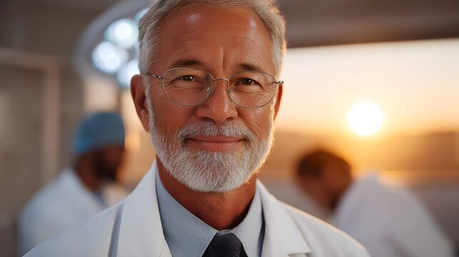 Experienced senior physician with glasses smiles warmly in a hospital setting at sunset conveying expertise and care - Powered by Adobe
