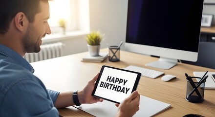 A man sitting at a desk in an office holding a tablet with a birthday message displayed on the screen