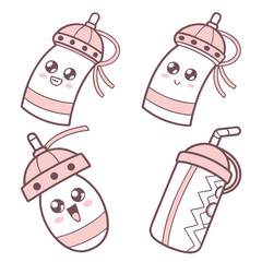 Four cute cartoon water bottles with faces kawaii drink