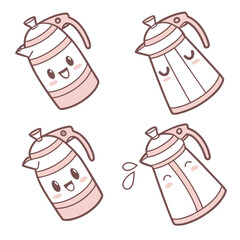 Four cute pink cartoon water bottles with faces kawaii