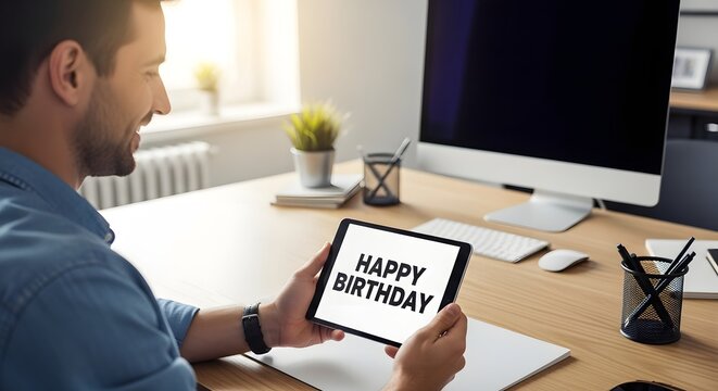 A man sitting at a desk in an office holding a tablet with a birthday message displayed on the screen