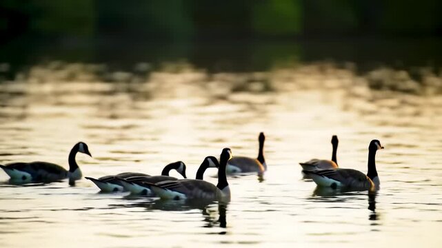 A group of waterfowl with black heads and necks, swimming on the water, reflecting the soft sunlight. The background is blurred