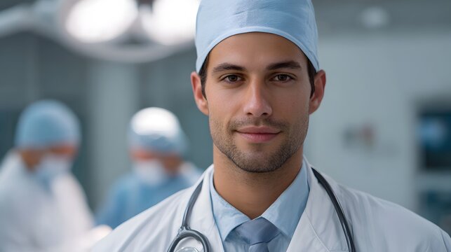 A confident male doctor in a medical cap and coat with a stethoscope standing in an operating room