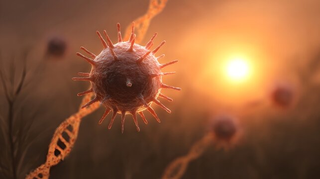 Microscopic virus particle with spike proteins and DNA helix strand set against a warm sunrise symbolizing science and health challenges
