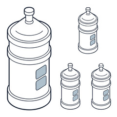 Four isometric water cooler bottles with blue accents