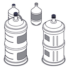 Four isometric water cooler bottles with dark caps