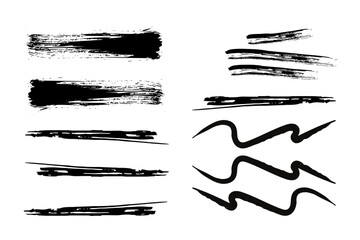 Collection of vector scuffed paint brush strokes. Straight smears, stamps, and lines are used in calligraphy.