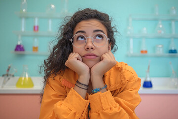 Pensive Young Woman in Lab Setting with Colorful Beakers