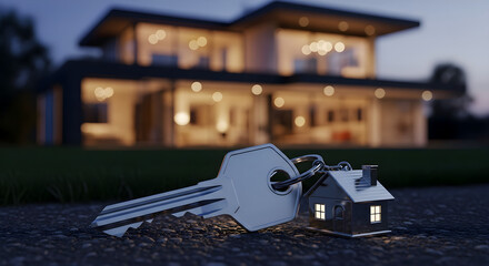 House Keys and Tiny Home Keychain Laying on Ground with Modern Luxury Villa Illuminated at Night, Concept for Home Ownership, Investment, and Mortgage