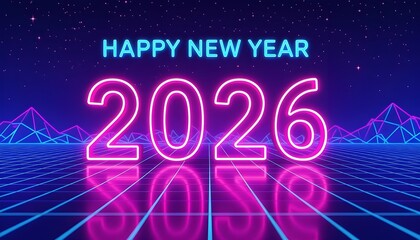Neon-lit New Year 2026 Celebration with Geometric Mountains and Grid Pattern