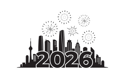 City Skyline with 2026 New Year Fireworks Silhouette Illustration