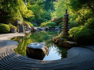 Tranquil Japanese Zen Garden with Pond and Stone Pagoda