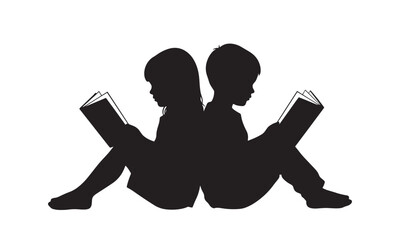 Kids Reading Books Silhouette Representing Education, Learning, and Knowledge Concept