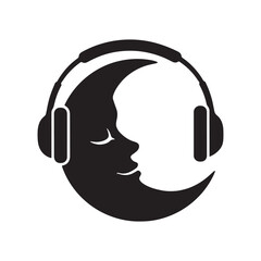 Sleeping Moon with Headphones Silhouette Representing Relaxing Music and Night Calm Concept