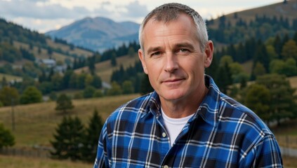 Portrait of a mature man wearing a blue plaid shirt in front of a mountain landscape