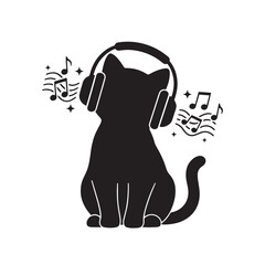 Cat Listening to Music with Headphones Silhouette Fun Pet and Entertainment Design