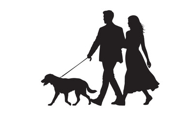 Romantic Couple Walking Dog Silhouette Symbolizing Love, Outdoor Activity, and Pet Companionship
