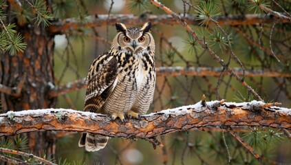 Majestic eagle owl perched on a snowcovered pine branch in a serene winter forest scene