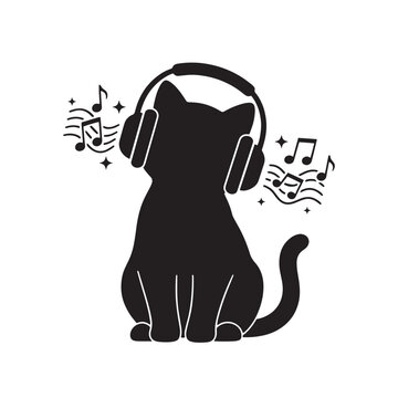 Cat Listening to Music with Headphones Silhouette Fun Pet and Entertainment Design