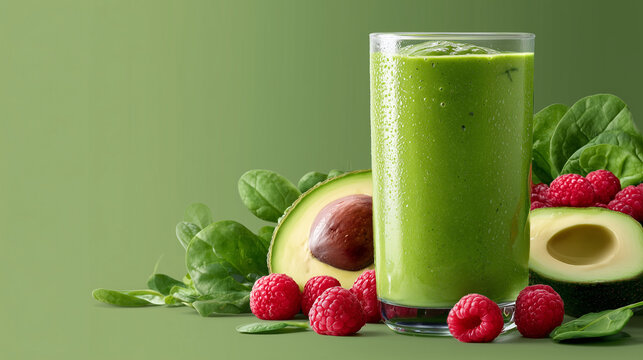 Refreshing green smoothie with avocado and raspberries on green surface